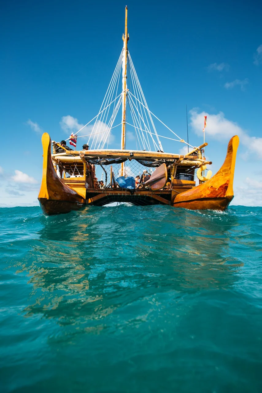 Water-level view of the double-hulled canoe