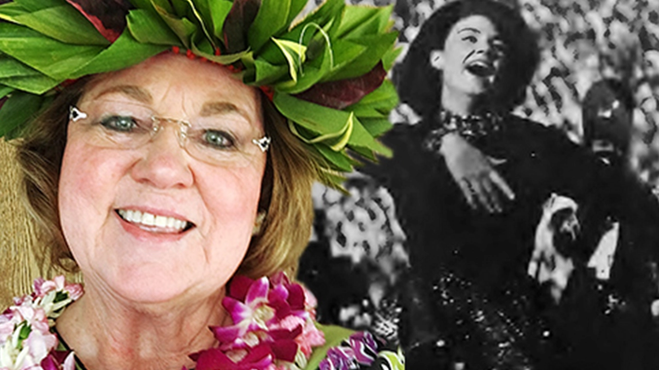 Sister Sue Ann Long, volunteering at the Polynesian Cultural Center (left) . . . and as a BYU marching band majorette in the mid-1960s.