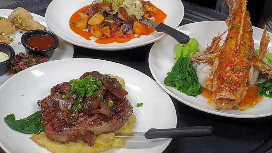 Four main dishes from the menu of Pounder Restaurant.