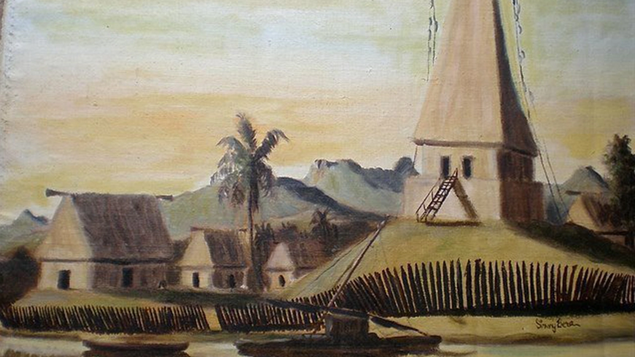 Artist rendition of a typical Fijian Village with a Bure Kalau &ndash; courtesy of coconut.tv