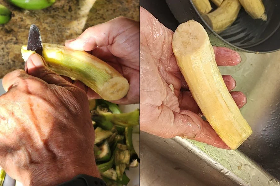 Two images side-by-side. The left is demonstrating peeling the banana with the sharper side of the knife. The right image shows the completely peeled banana.