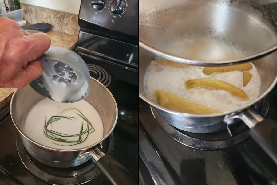 Two images side-by-side. The left image shows adding the coconut milk to a saucepan. The right image shows the bananas in the saucepan with the simmering coconut milk. 
