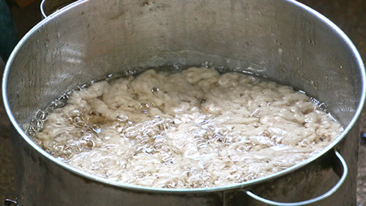 Nunia boils the curdled oil separated from coconut milk for one-to-two hours on low heat to prevent burning.