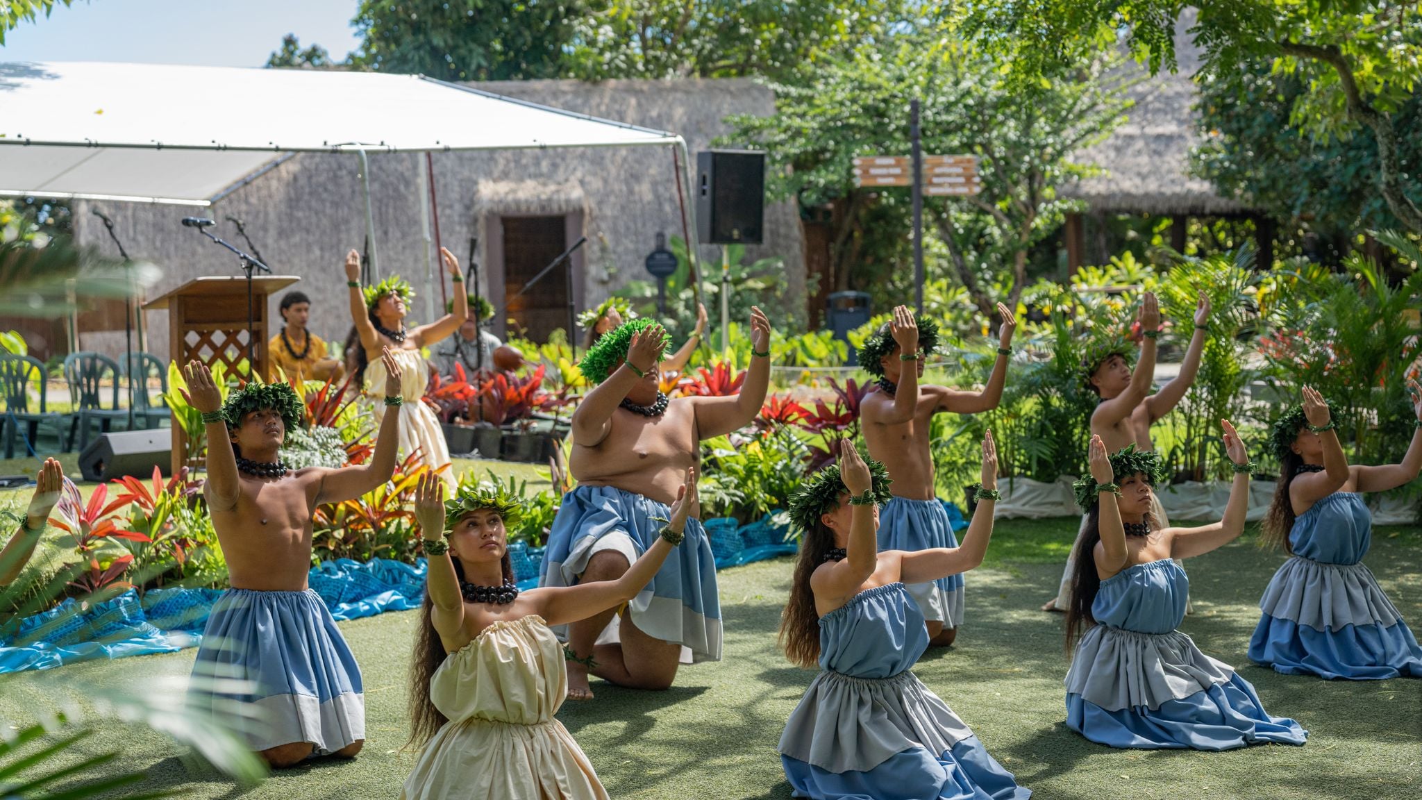 Hula dancers perform in the Hawaiian Village