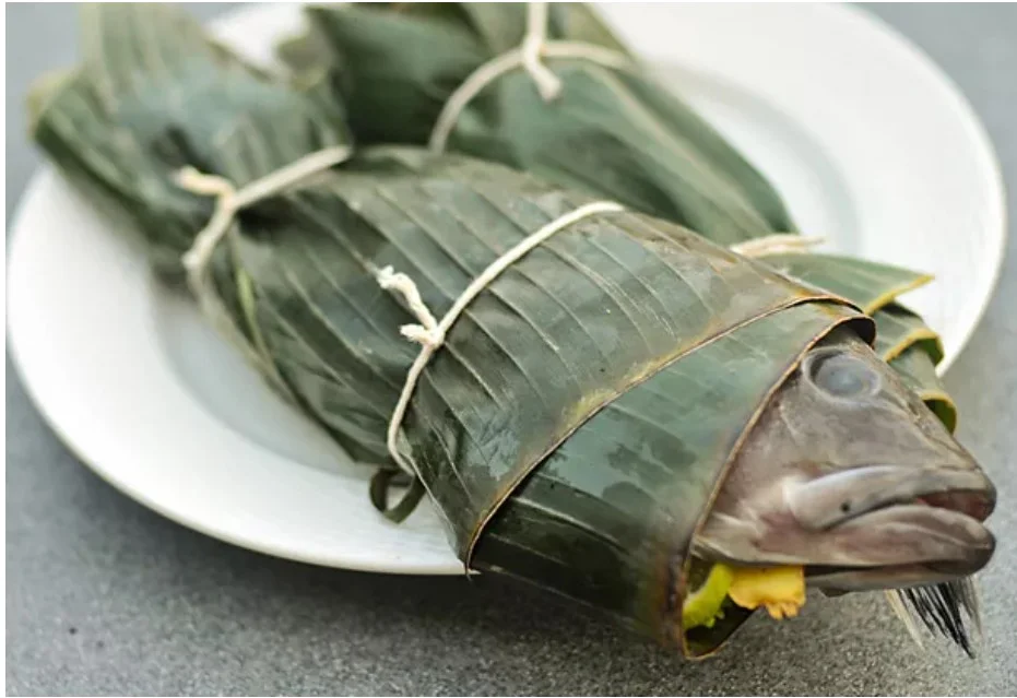 Cooked kampachi fish wrapped with in a leaf and tied with twine.