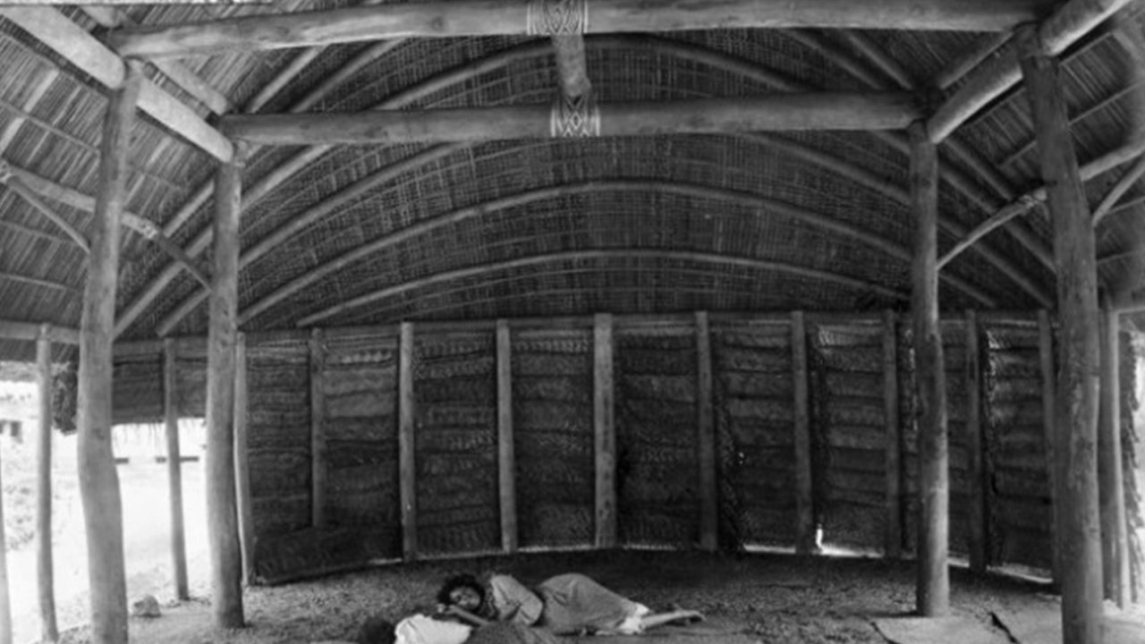 Interior of a fale or Samoan house. courtesy of Hocken Snap Shop