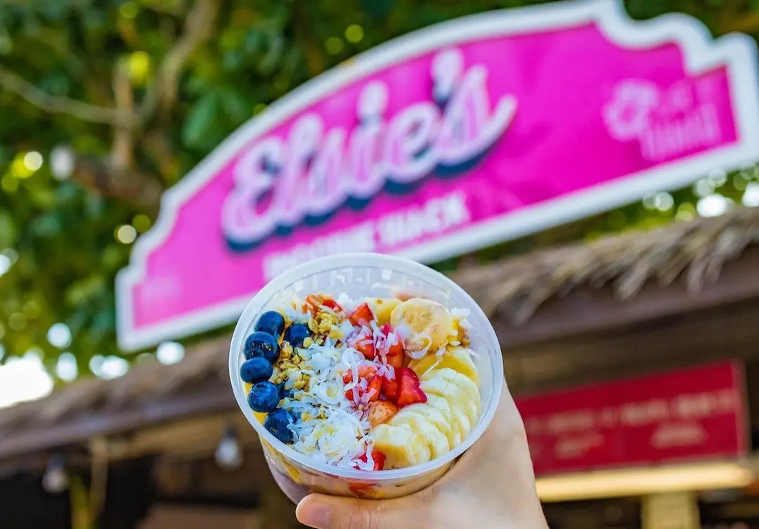 Elsie's Smoothie Shack's delicious A&ccedil;ai bowl with strawberries, blueberries, bananas, and coconut.