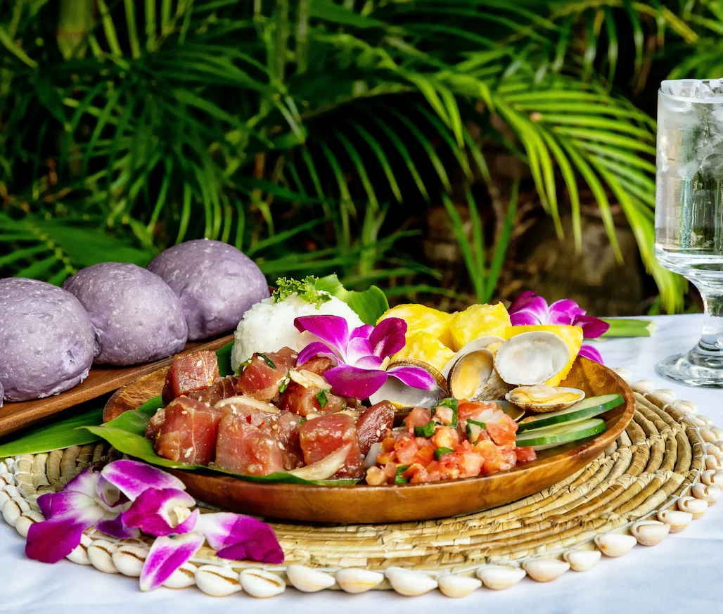 Food selection from the Aliʻi Lūʻau at the Polynesian Cultural Center.
