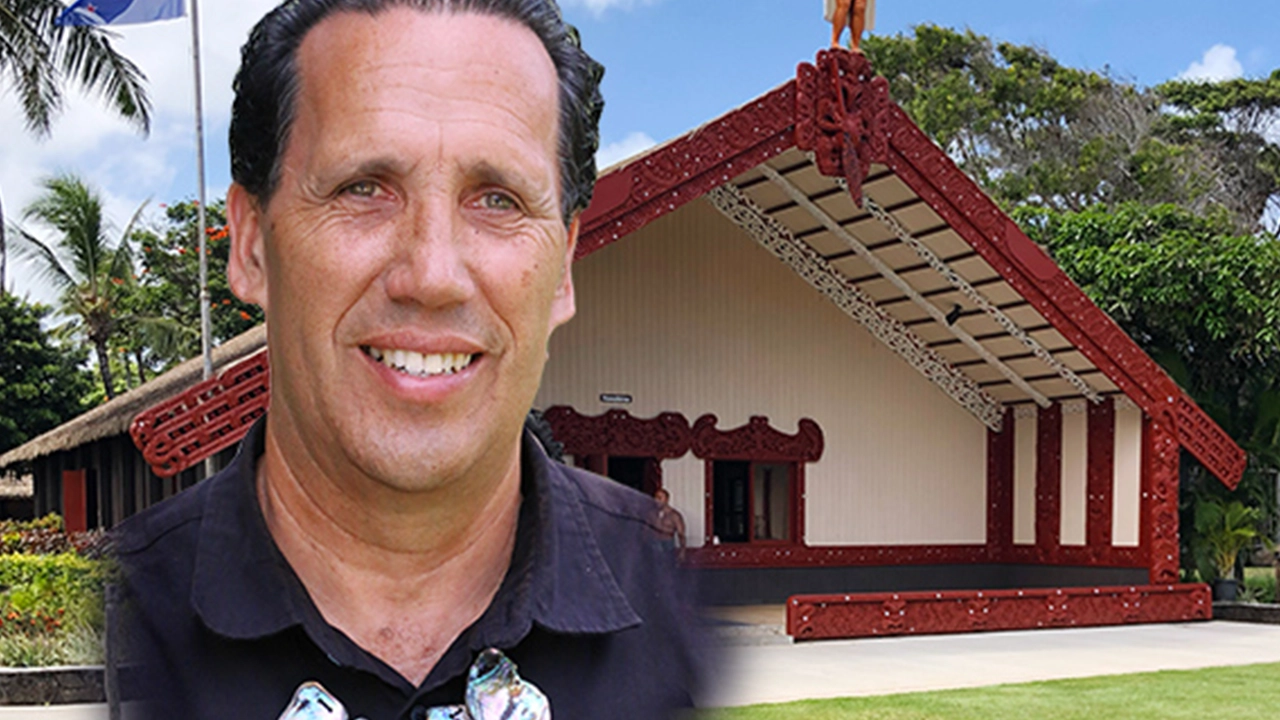 Portrait of Kim Makekau displayed over the whare tupuna at the Polynesian Cultural Center.