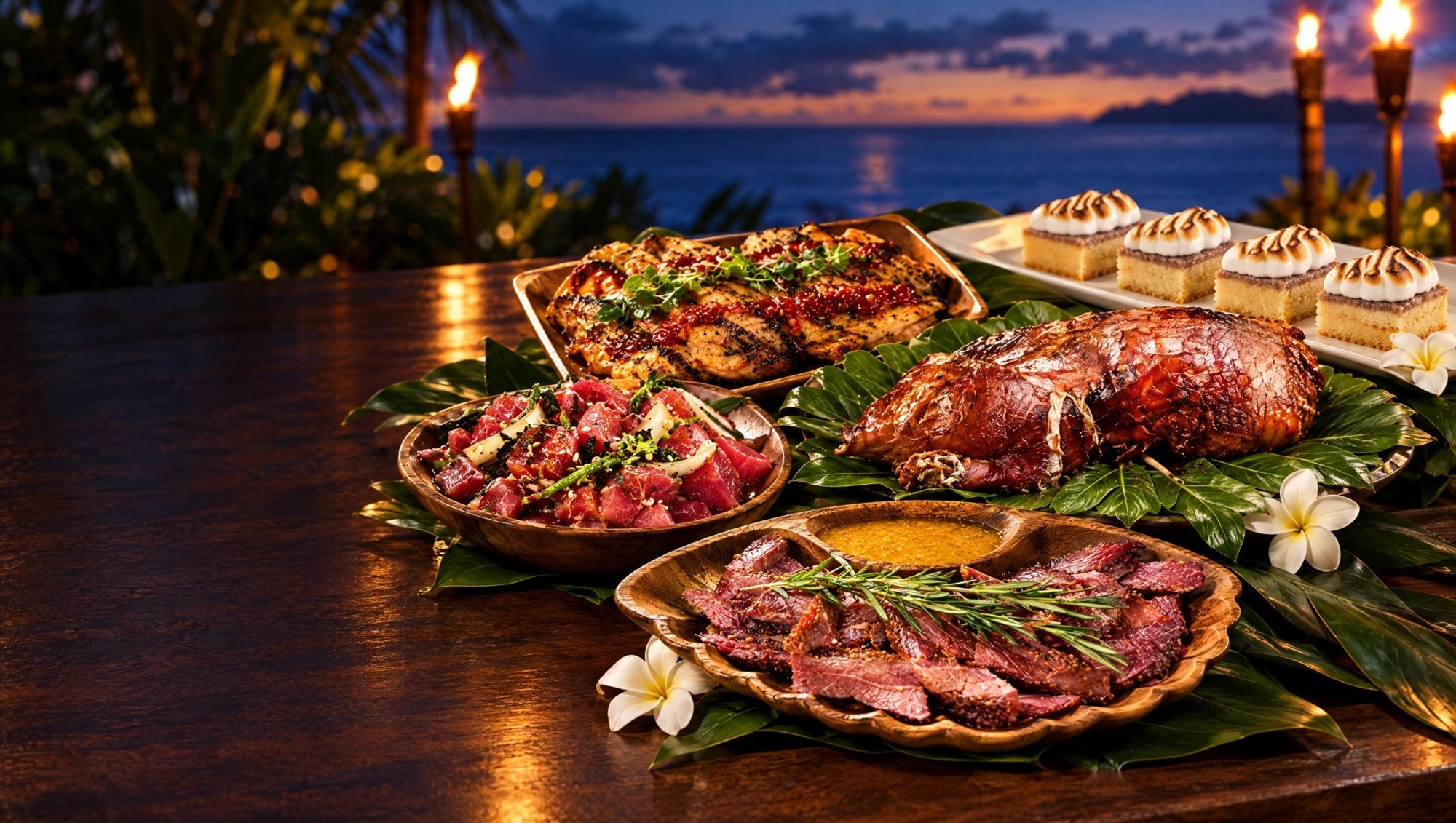 The lūʻau table at dusk: imu pork on ti leaves, ahi poke, pipikaula, glazed chicken and haupia tarts