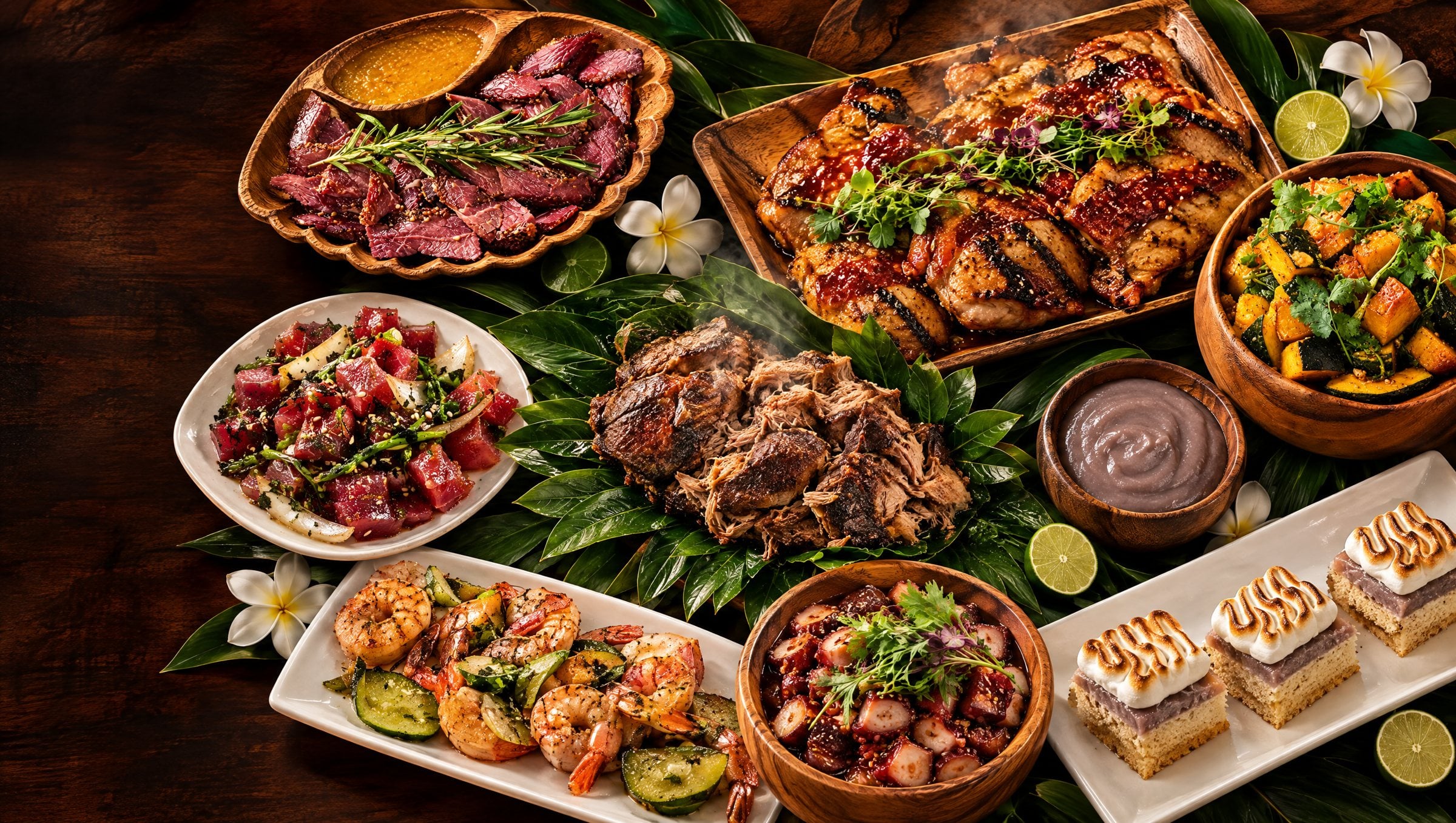 Overhead view of the Aliʻi Lūʻau feast on a koa table: kālua pork on ti leaves, ahi poke, pipikaula, huli huli chicken, garlic shrimp, tako poke, poi, kabocha and haupia tarts