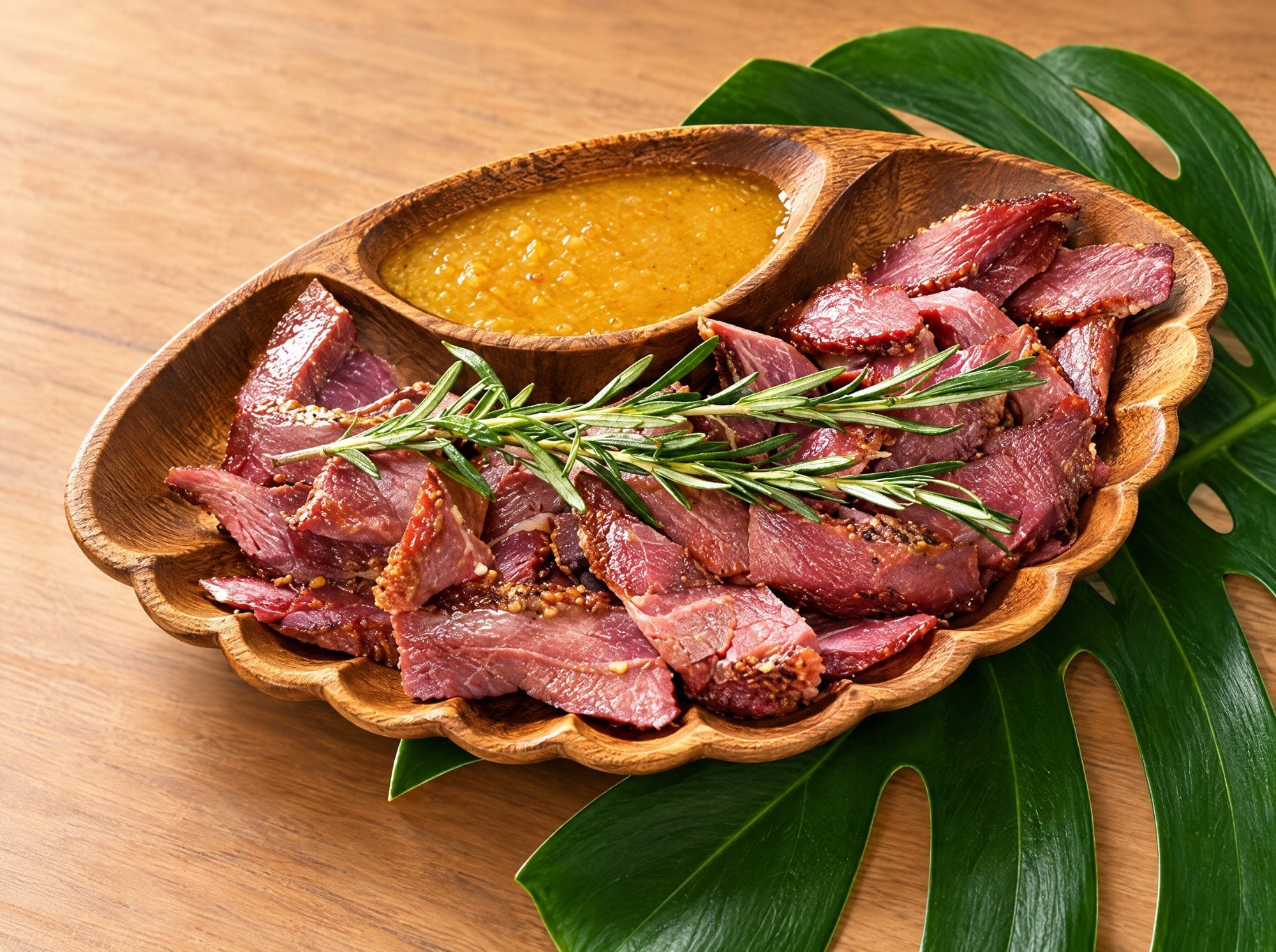 Sliced pipikaula with rosemary and orange glaze