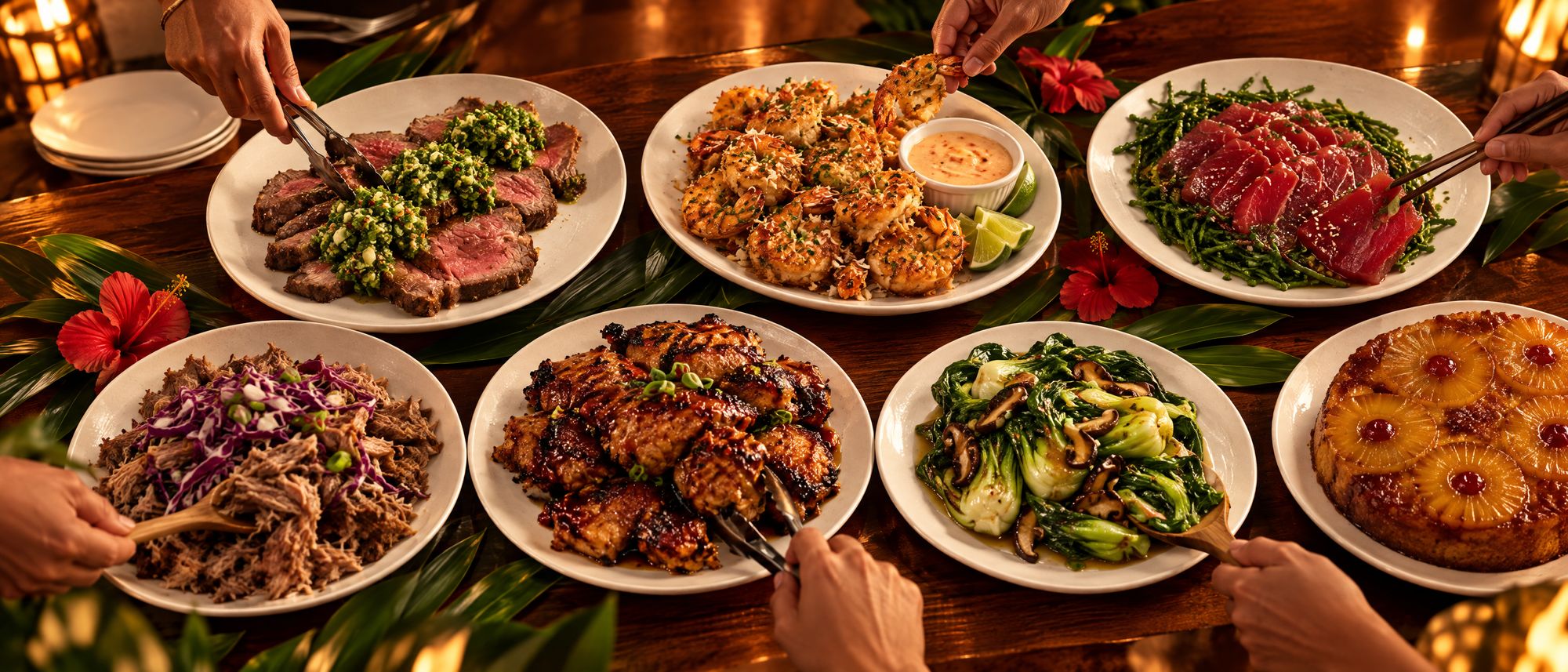 A koa-wood table laden with Gateway dishes