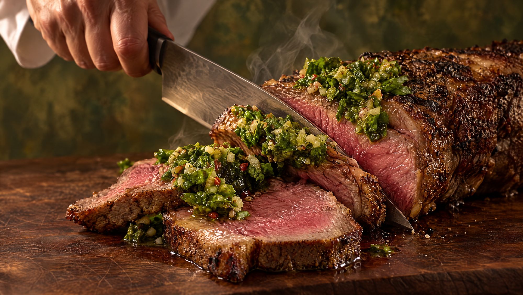 A knife slicing roasted culotte steak with chimichurri