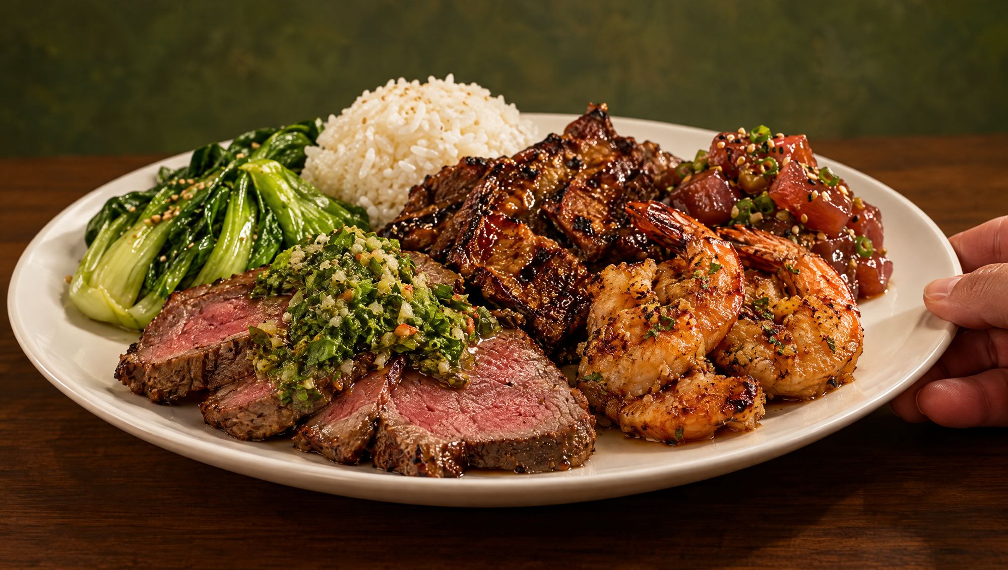 A full plate of carved steak, kalbi, garlic shrimp, poke and rice