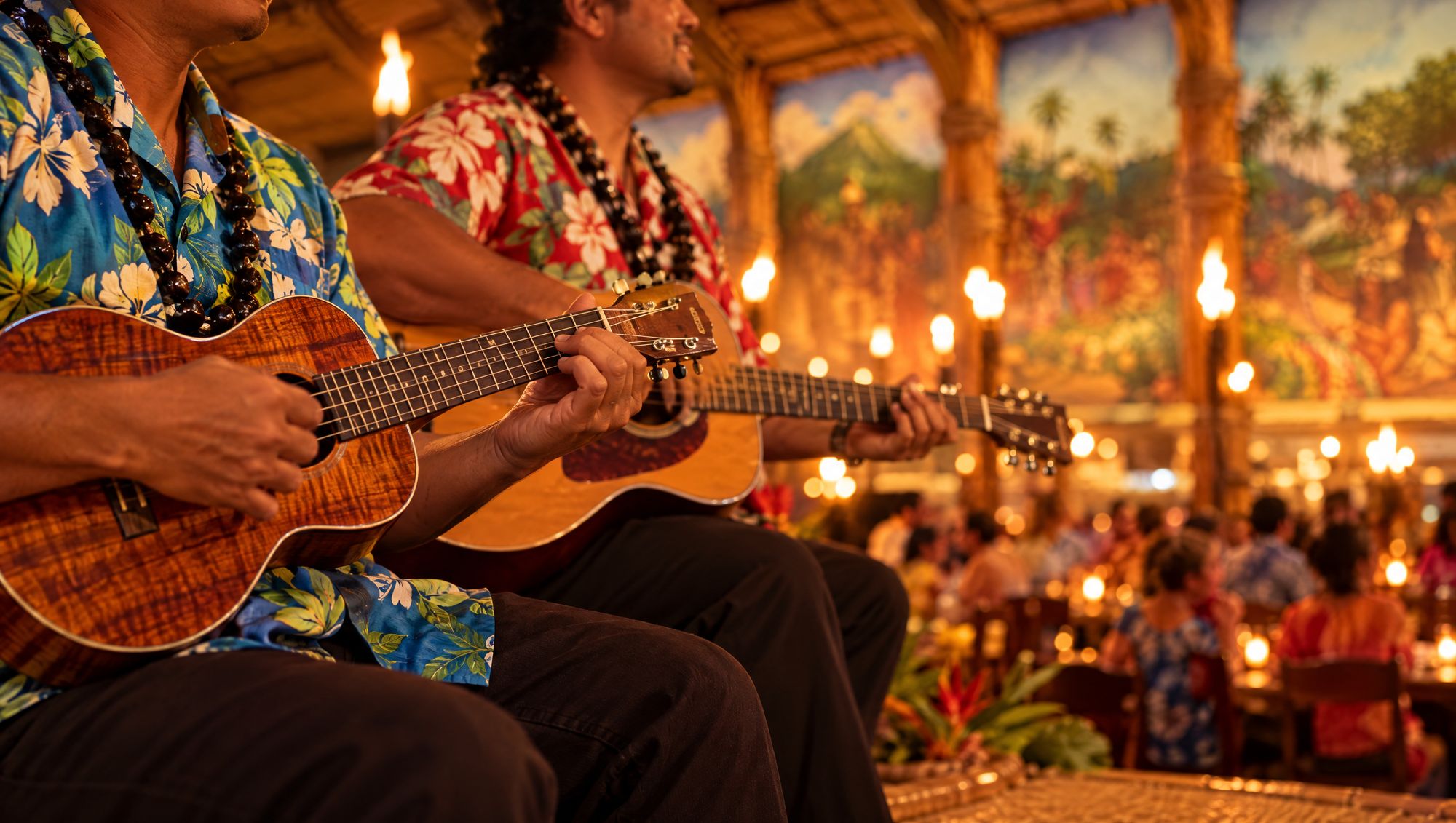 Musicians playing ukulele and guitar in the torch-lit hall