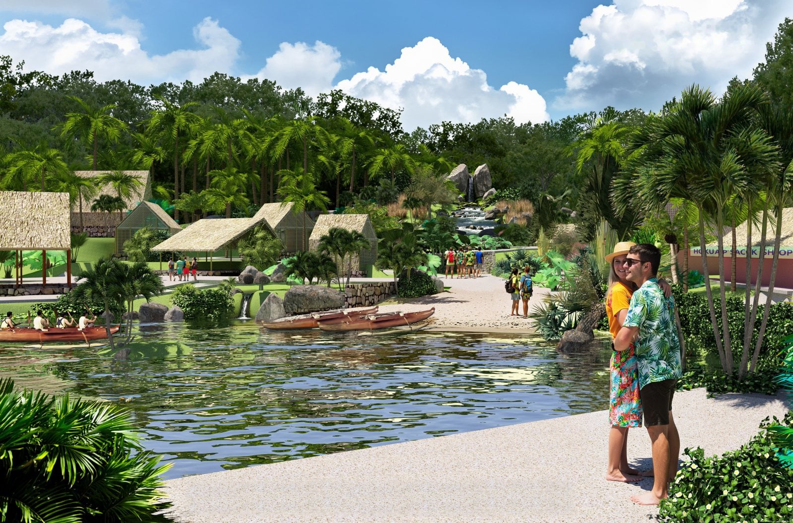 Artist's rendering of the expanded Hawaiian Village: thatched hale, a waterfall and stream, and canoes on a lagoon