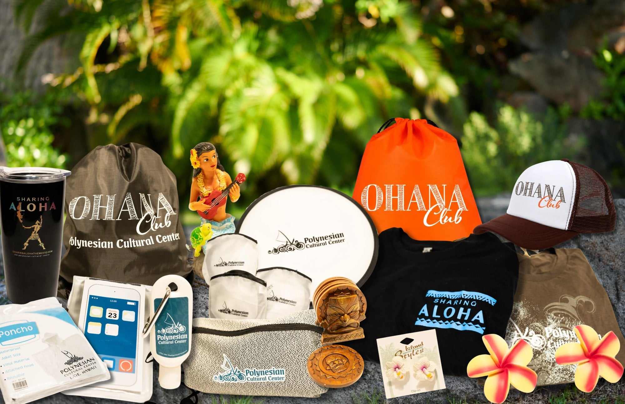 ʻOhana Club member goodies including drawstring bags, tumbler, hat, t-shirts, coasters and Polynesian Cultural Center keepsakes
